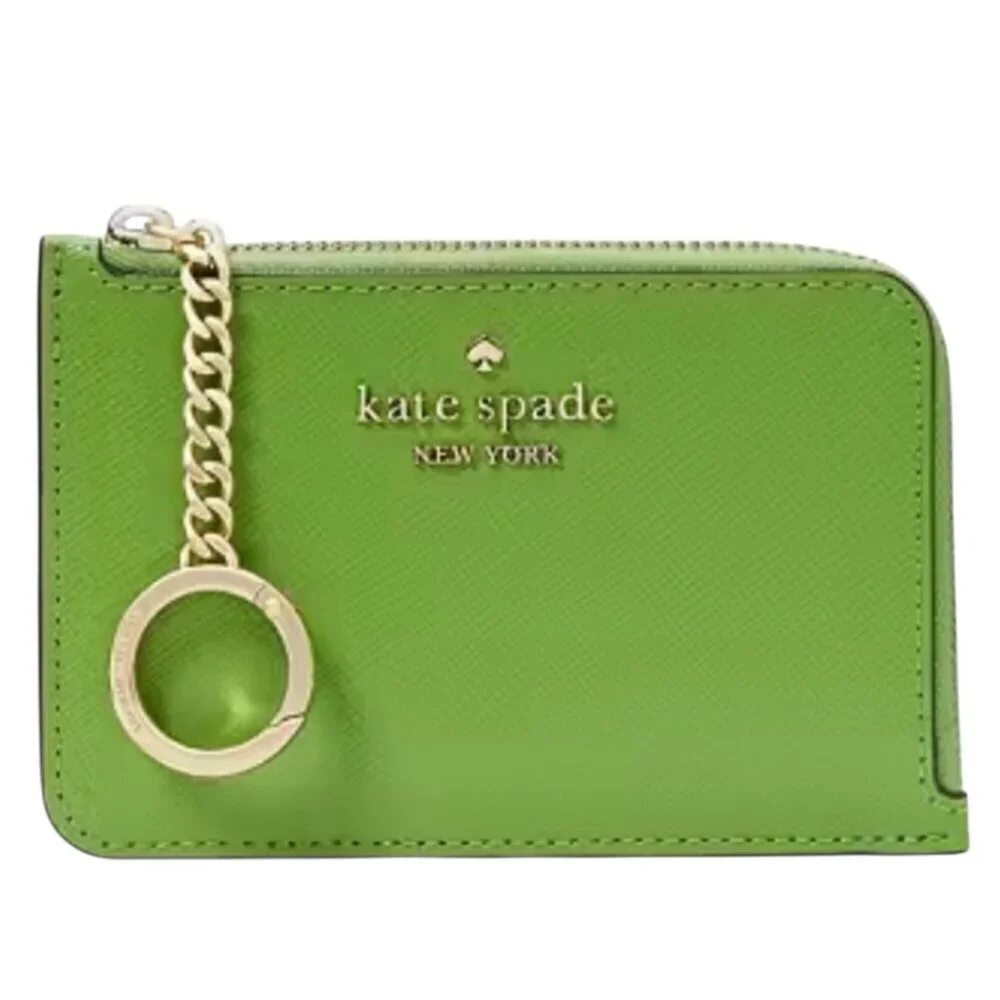 Kate Spade Madison Saffiano Pochette Bag + Card Holder Resin Chain Turtle Green
